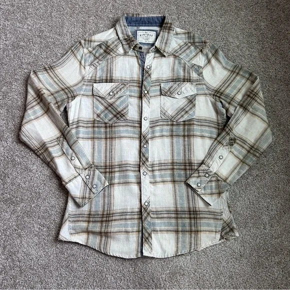 BKE Vintage Tailored Fit Plaid Western Pearl Snap Shirt Mens Medium Cream Blue - Picture 1 of 7